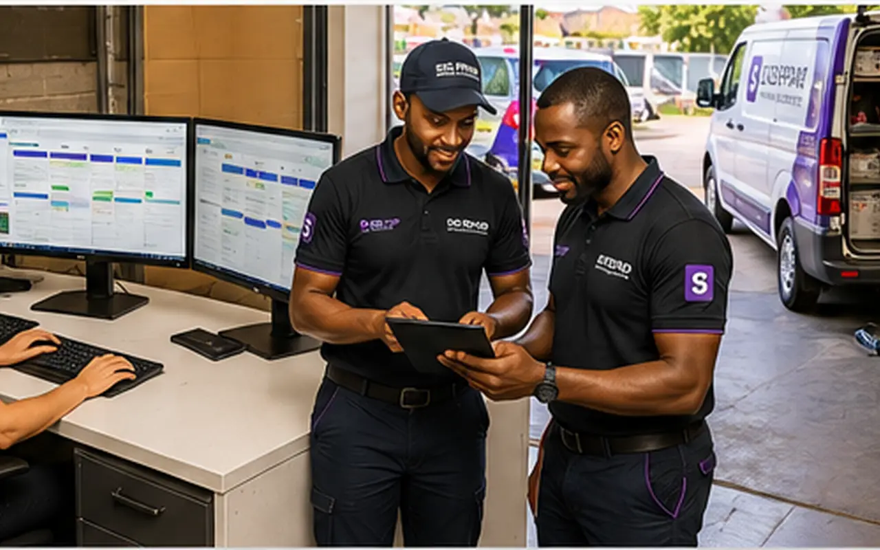 SSQ Repair dispatch team coordinating technicians through the digital operations platform while service vans are prepared